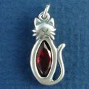 Cat Sitting with Red Crystal Sterling Silver Charm Pendant