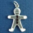 Gingerbread Man with Red Crystal Buttons and White Enamel Accents Sterling Silver Charm Pendant