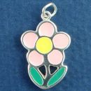 Flower with Pink, Yellow and Green Enamel Accents Sterling Silver Charm Pendant