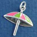 Beach Umbrella with Pink and Green Enamel Accents Sterling Silver Charm Pendant