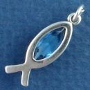 Religious Christian Fish Ichthus with Blue Crystal Sterling Silver Charm Pendant