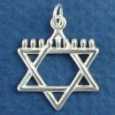 Jewish Star of David with Menorah Candles Sterling Silver Charm Pendant