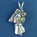 Angel Hugging 14k Gold Heart Design Sterling Silver Pendant Medium