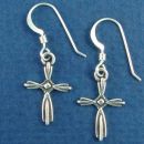 Twisted Small Christian Cross with Diamond Shaped Center Sterling Silver Earrings with French Wire