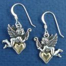 Cupid Angel Carrying 14k Gold Heart Sterling Silver Earrings with French Wire