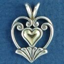 Heart with Lace Design and 14k Gold Heart Center Sterling Silver Pendant Medium