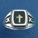 14K Gold Christian Cross Center Square Ring with Rope Border and Christian Fish Ichthus on Sides Sterling Silver Available in Sizes 5 to 12