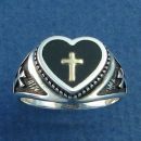 14K Gold Cross Center Heart Shaped Ring with Rope Border, Christain Cross on Sides Sterling Silver Ring