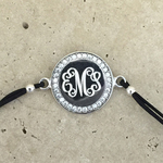 CZ Round Monogrammed Bracelet Sterling Silver with Black Adjustable Cord