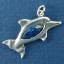 Dolphin with Blue CZ Sterling Silver Charm Pendant