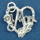 Mom, #1 Word Phase on Rope Heart and Flower Accent Sterling Silver Charm Pendant