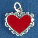 Red Heart with Scalloped Edge and Enamel Sterling Silver Charm Pendant