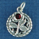 Flower Rose on Round Rope Disk with Red Crystal Sterling Silver Charm Pendant