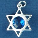 Religious Jewish Star of David Symbol with Blue CZ Accent Sterling Silver Charm Pendant