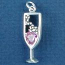 Pink Champagne Flute Glass with Pink CZ Accent Sterling Silver Charm Pendant
