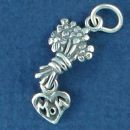 Flower Bouquet with Dangeling Heart and Word Phrase Mom Sterling Silver Charm Pendant
