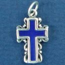 Cross with Double Sided Blue Enamel and Scroll Accents Sterling Silver Charm Pendants