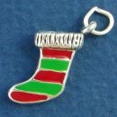 Christmas Stocking with Enamel Green and Red Stripes 3D Sterling Silver Charm Pendant