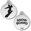 Snow Board Olympic Game Medallion Sterling Silver Charm Pendant with Black Enamel