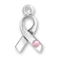 Awareness Ribbon with Pink Crystal for Breast Cancer Sterling Silver Charm Pendant
