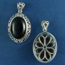 Oval Onyx Stone Sterling Silver Pendant with Scroll and Bead Accents and Flower Design on Back Side