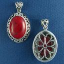 Oval Red Jasper Color Sterling Silver Pendant with Scroll and Bead Accents and Flower Design on Back Side