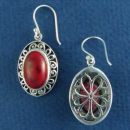 Oval Red Jasper Color Sterling Silver Earrings on French Wire with Scroll and Bead Accents and Flower Design on Back Side