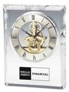 Crystal Rectangle Mantel or Desk Clock with Gold Tone Exposed Movement, Comes in a Custom Wood Case