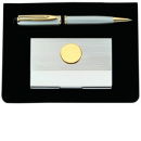 Silver Pen and Card Case with Gold Tone Emblem