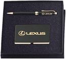 Impella Line Twist Action Ballpoint Pen and Business Card Case in Gold Tone with Black Finish Gift Set in Black Presentation Box, Laser Engraved 25 piece minimum order.