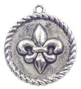 Rope Edge Disk Fleur De Lis Charm in Antique Silver Pewter