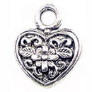 Heart Charm Pendant with Flower Design Antique Silver Pewter Large