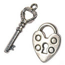 Key Charm in Antique Silver Pewter with Heart Lock