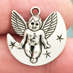 Angel Charm on Crescent Moon Silver Pewter
