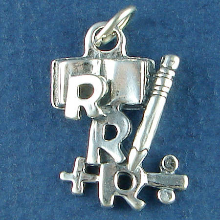 School 3 R's Children's Book, PENCIL, Plus and Division Sign Sterling Silver Charm Pendant