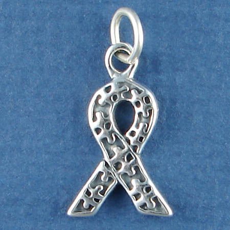 PUZZLE Piece Inside of an Awareness Ribbon Sterling Silver Charm Pendant