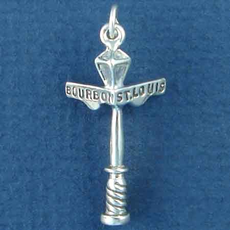 NEW Orleans; Bourbon Street and St Louis Street Signs on Gas Light Post 3D Sterling Silver Charm Pen