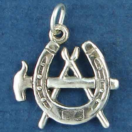 Horse Farrier Blacksmith Symbol of Horseshoe, HAMMER and Tongs Sterling Silver Charm Pendant