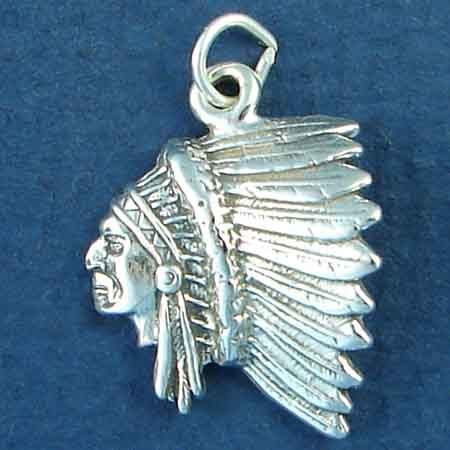 Indian Chief Head in Full Feather Head DRESS Sterling Silver Indian Charm Pendant