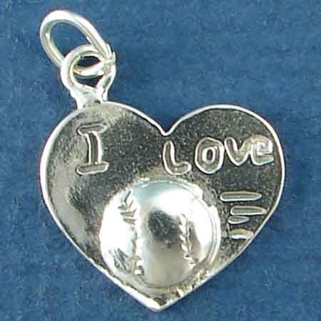 Baseball or SOFTBALL on Heart with I Love Word Phrase Sterling Silver Charm Pendant