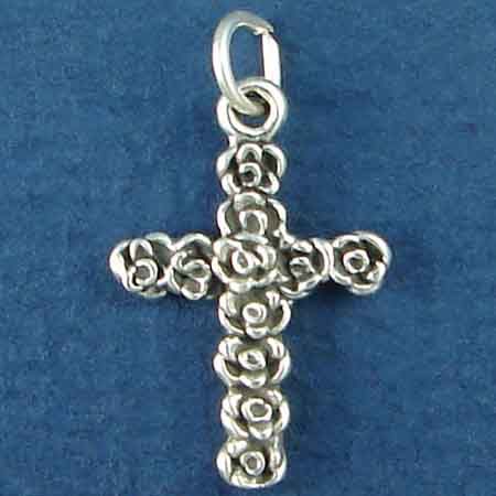 Cross of Rose Bud Sterling Silver FLOWERS, Christian Charm Pendant