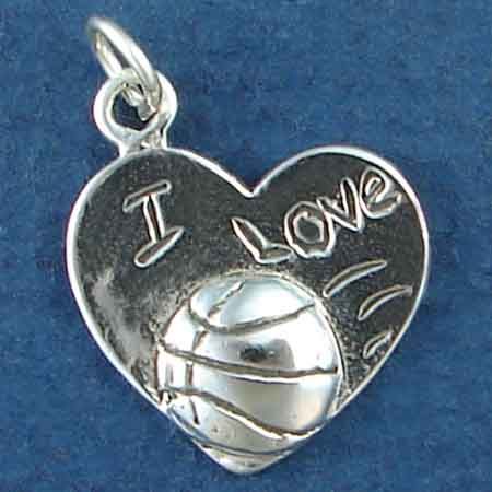 BASKETBALL on Heart with I Love Word Phrase Sterling Silver Charm Pendant