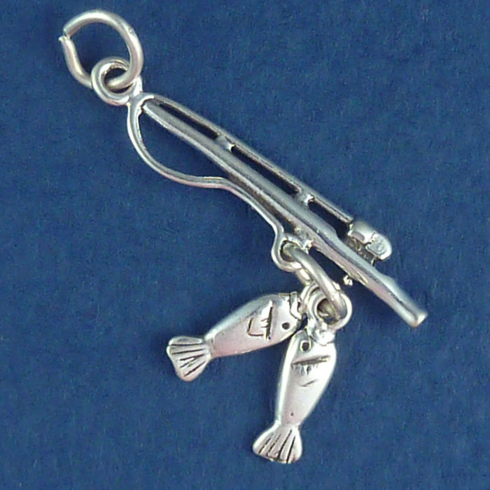 FISHING Pole with Fish 3D Sterling Silver Charm Pendant