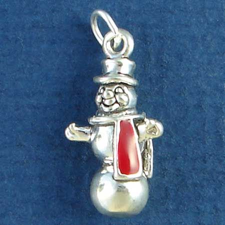 Snowman with Red and White Enamel SCARF 3D Sterling Silver Charm Pendant