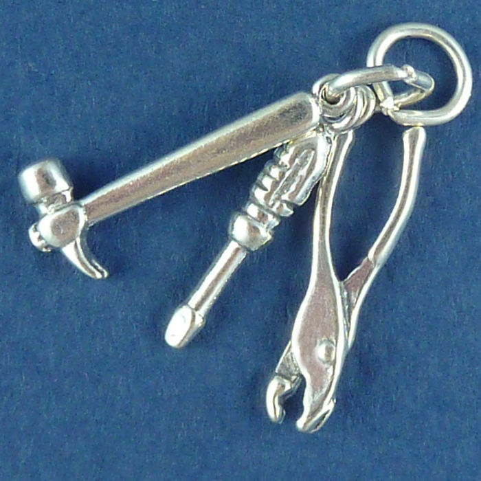 HAMMER, Pliers and Screwdriver Tool Set 3D Sterling Silver Charm Pendants