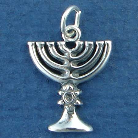 Religious Jewish Menorah CANDLEs with Star of David Accent Sterling Silver Charm Pendant