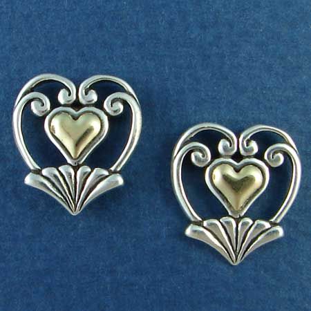 Heart with Scroll FAN Design Sterling Silver Post Earrings and 14K Gold Heart Accent