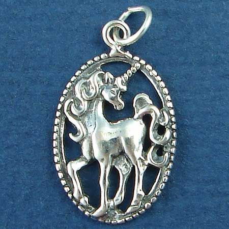 UNICORN Surrounded by Oval Rope Bezel Sterling Silver Charm Pendant