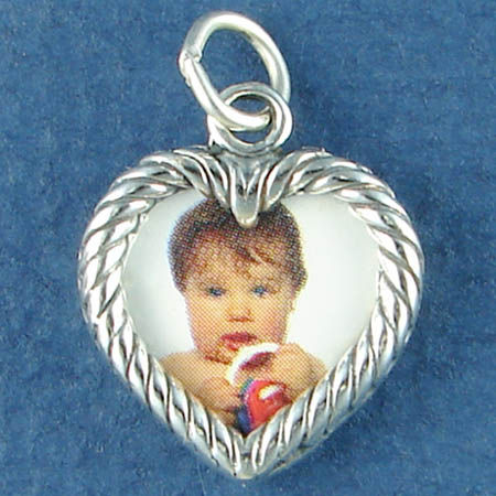 Picture Photo Charm FRAME Double Sided Heart Rope 3D Sterling Silver Pendant