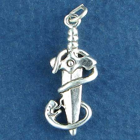 DAGGER with Snake 3D Sterling Silver Charm Pendant